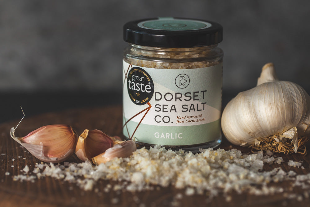 Garlic infused Dorset Sea Salt 100g at £5.99 only from Dorset Sea Salt Co.
